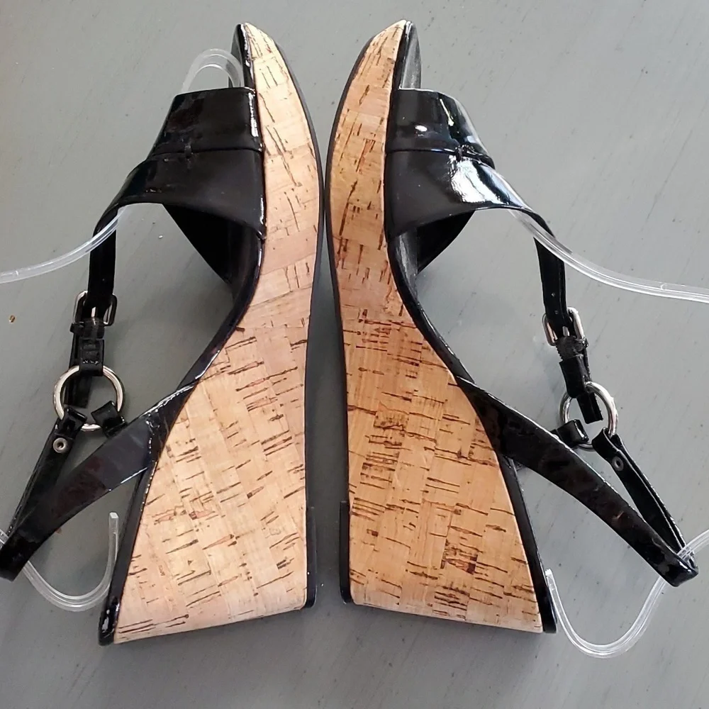 Franco Sarto|Womens  Black/ Cork Strappy Wedge Sandal Heels Evening Office Sz.8